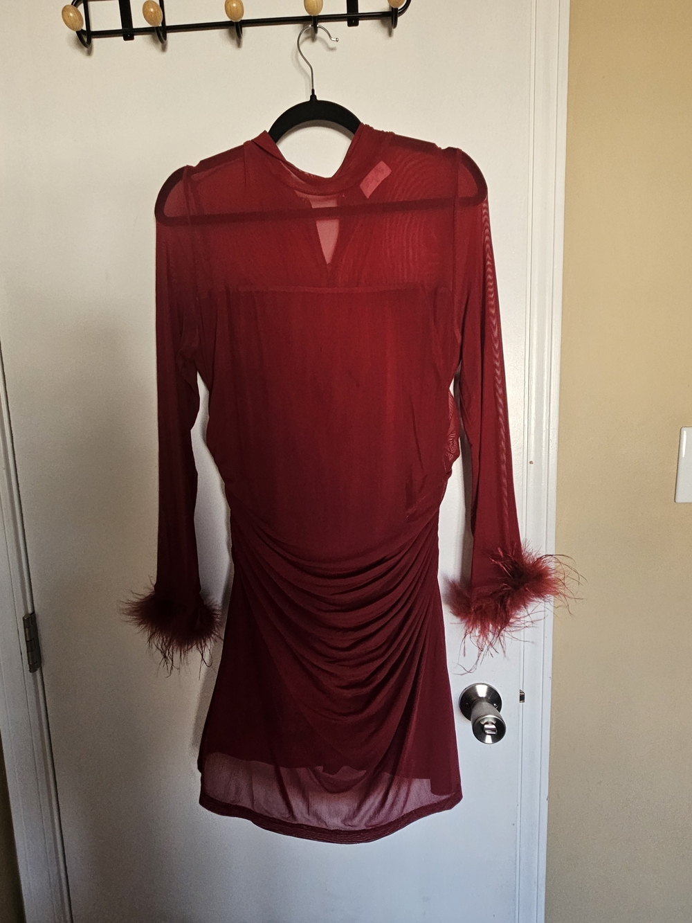 Pink Lily Red Long-Sleeve Ruched Mesh Dress with Feather Cuffs